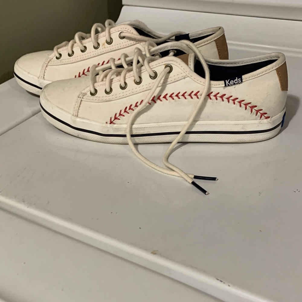 Keds White Canvas Sneakers with Red Baseball Stitch